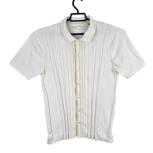 Mens Vintage Perry Ellis Ivory Pleated Polo Shirt Button Up Short Sleeve Size L - Picture 1 of 6